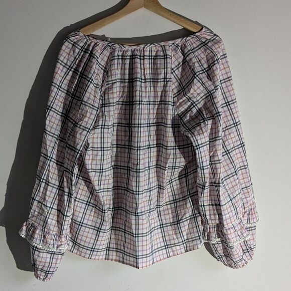 J. Crew Plaid Ruffle Trim Peasant Blouse Top Women's Size Medium - Picture 3 of 6